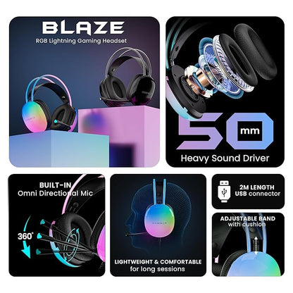 HAMMER Blaze Wired Over Ear Gaming Headphones with Mic, 50mm Drivers, Full RGB Lights, Gaming Headset with Adjustable Bands, Breathable earcushion, 1.5Mtr wire with USB (Black)