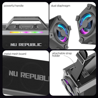 NU Republic Sonicpop 1200 with 60W Stereo Party Speaker with Vibrant LEDs, Multi Equaliser Modes, Multi Compatibility Modes, 18 Hrs Playtime, Bluetooth TWS Feature, Powerful 3x Dynamic Drivers (Black)