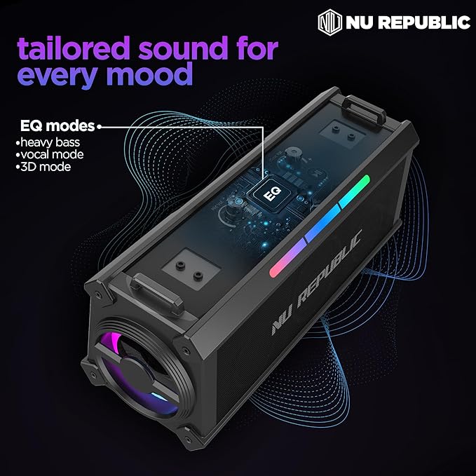 NU Republic Sonicpop 1200 with 60W Stereo Party Speaker with Vibrant LEDs, Multi Equaliser Modes, Multi Compatibility Modes, 18 Hrs Playtime, Bluetooth TWS Feature, Powerful 3x Dynamic Drivers (Black)