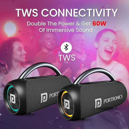 Portronics Radiant 30W Wireless Bluetooth Portable Speaker With In-Built Mic,6 Hours Playtime,HD Clarity Sound,Dual Driver,RGB LEDs,TWS Connectivity,BT5.3v,USB Drive,Aux in,Type C Fast Charging(Black)