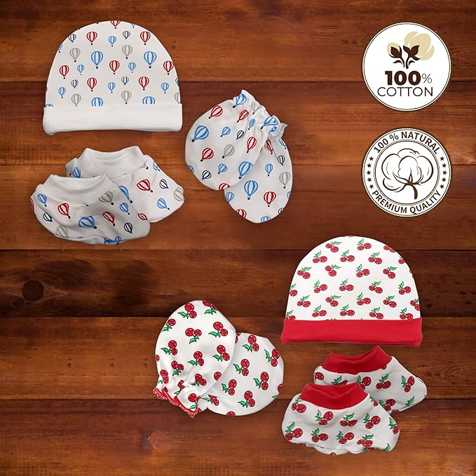 LuvLap 100% Cotton Baby Caps, Mittens and Booties Combo Set for 0-6 Months - Pack of 2 (Assorted)