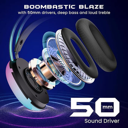 HAMMER Blaze Wired Over Ear Gaming Headphones with Mic, 50mm Drivers, Full RGB Lights, Gaming Headset with Adjustable Bands, Breathable earcushion, 1.5Mtr wire with USB (Black)