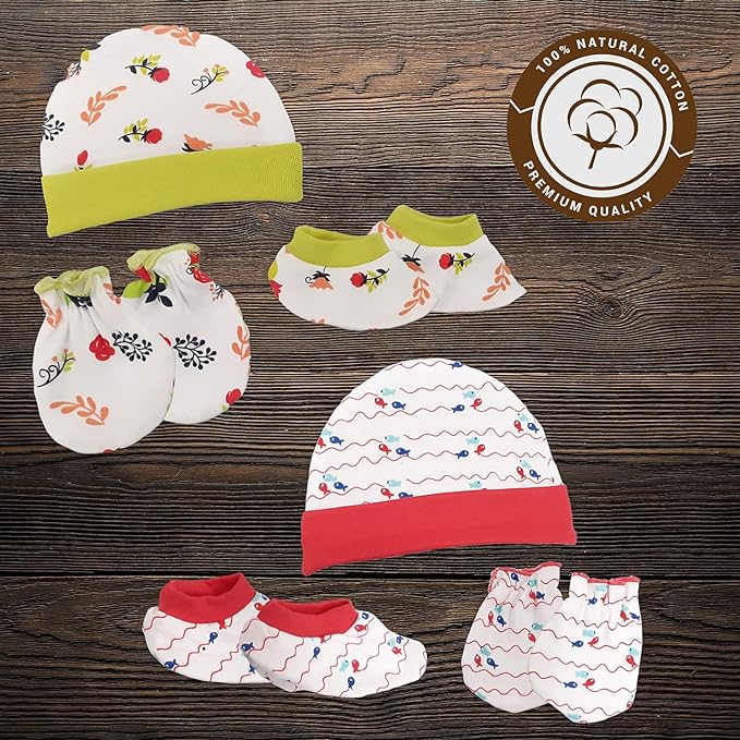 LuvLap 100% Cotton Baby Caps, Mittens and Booties Combo Set for 0-6 Months - Pack of 2 (Assorted)