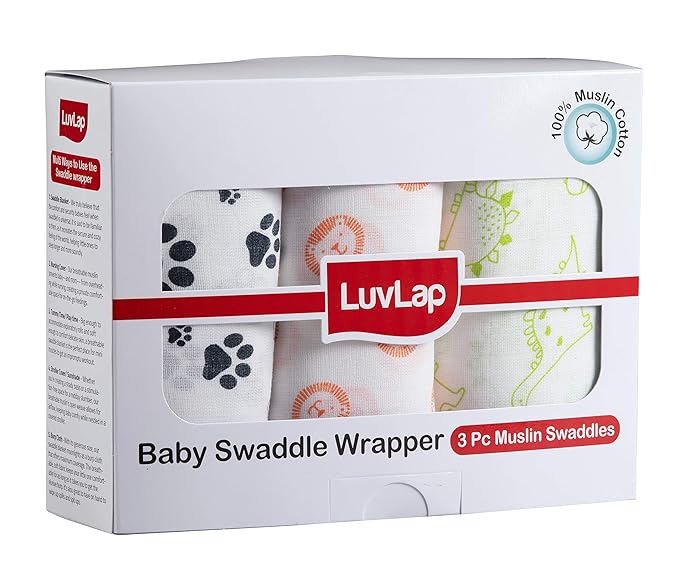 LuvLap 100% Cotton Muslin Baby Swaddle Set, Pack of 3, Size-120cm x 100cm (47"x39"), Animals Printed on white, 0-18 Month+, Printed Mulmul Muslin Swaddle Wrap for New Born Baby