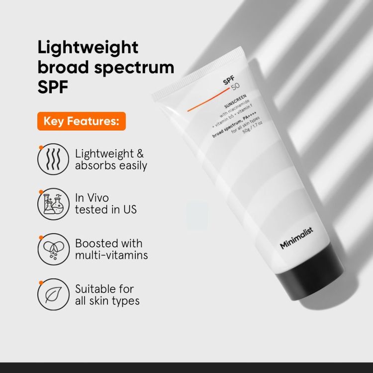 Minimalist
SPF 50 PA ++++ Sunscreen With Multi-Vitamin For Reducing Photoaging & No White Cast
(50g)