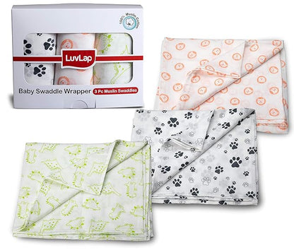 LuvLap 100% Cotton Muslin Baby Swaddle Set, Pack of 3, Size-120cm x 100cm (47"x39"), Animals Printed on white, 0-18 Month+, Printed Mulmul Muslin Swaddle Wrap for New Born Baby