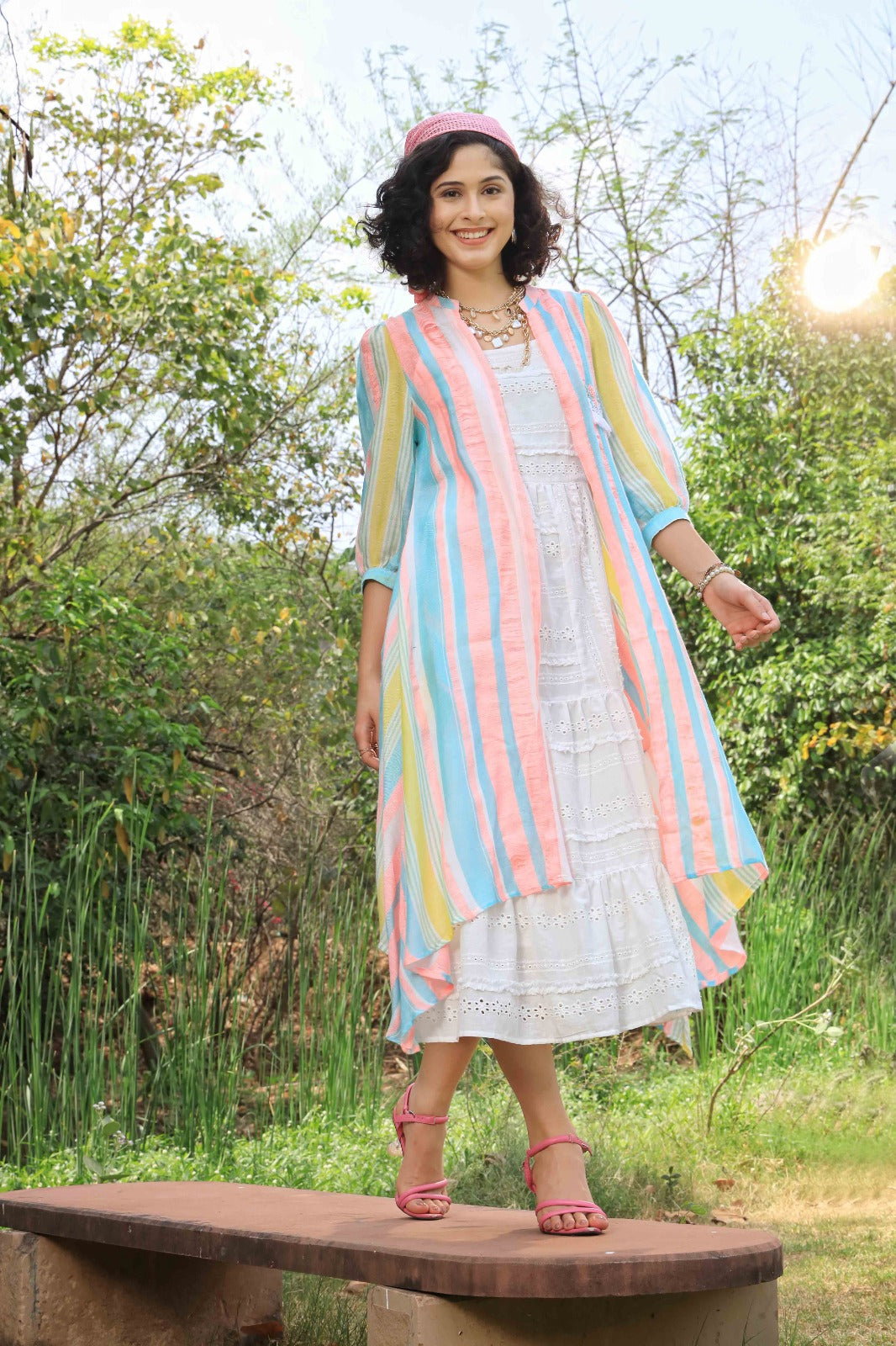 Terquois White Schiffli Spaghetti Dress with Multi colour Yarn Fyed Strip Jacket